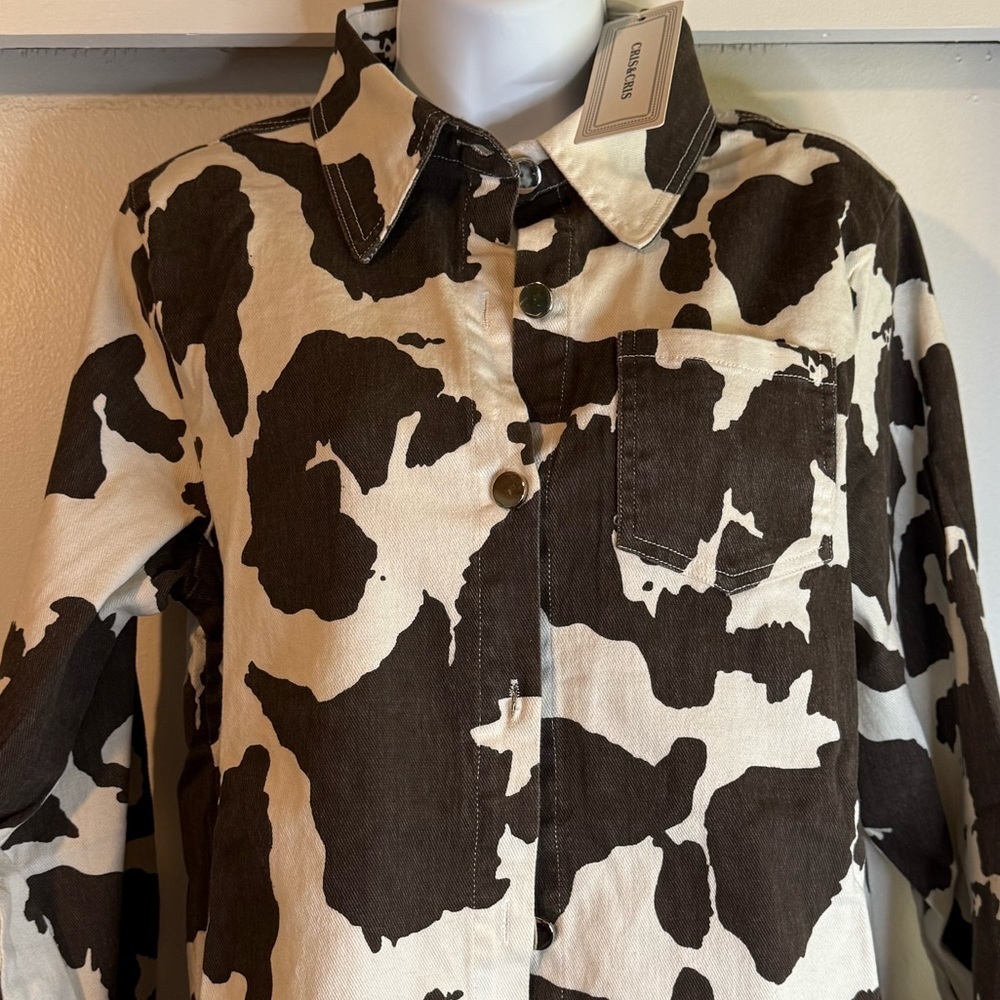 Boutique Cris Cris Brown & Cream Cow Print Jean Jacket New Medium - Picture 7 of 11